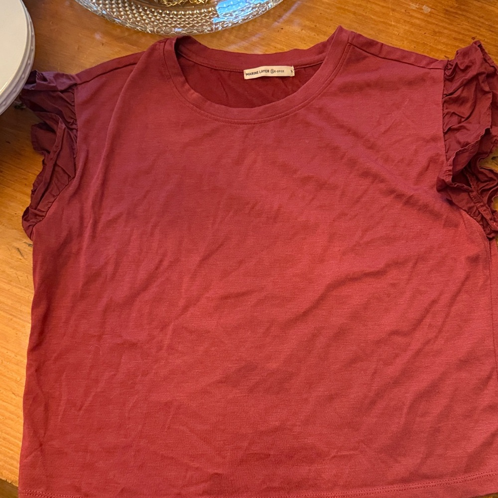 Marine Layer Top Red Cotton Tencel Ruffle Cap Sleeve Boxy small-never used